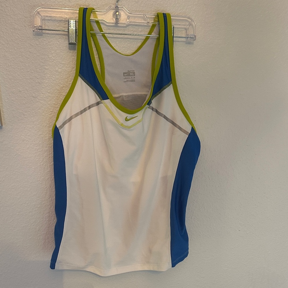Nike Women's Blue and White Racerbacj Top with Green Accents